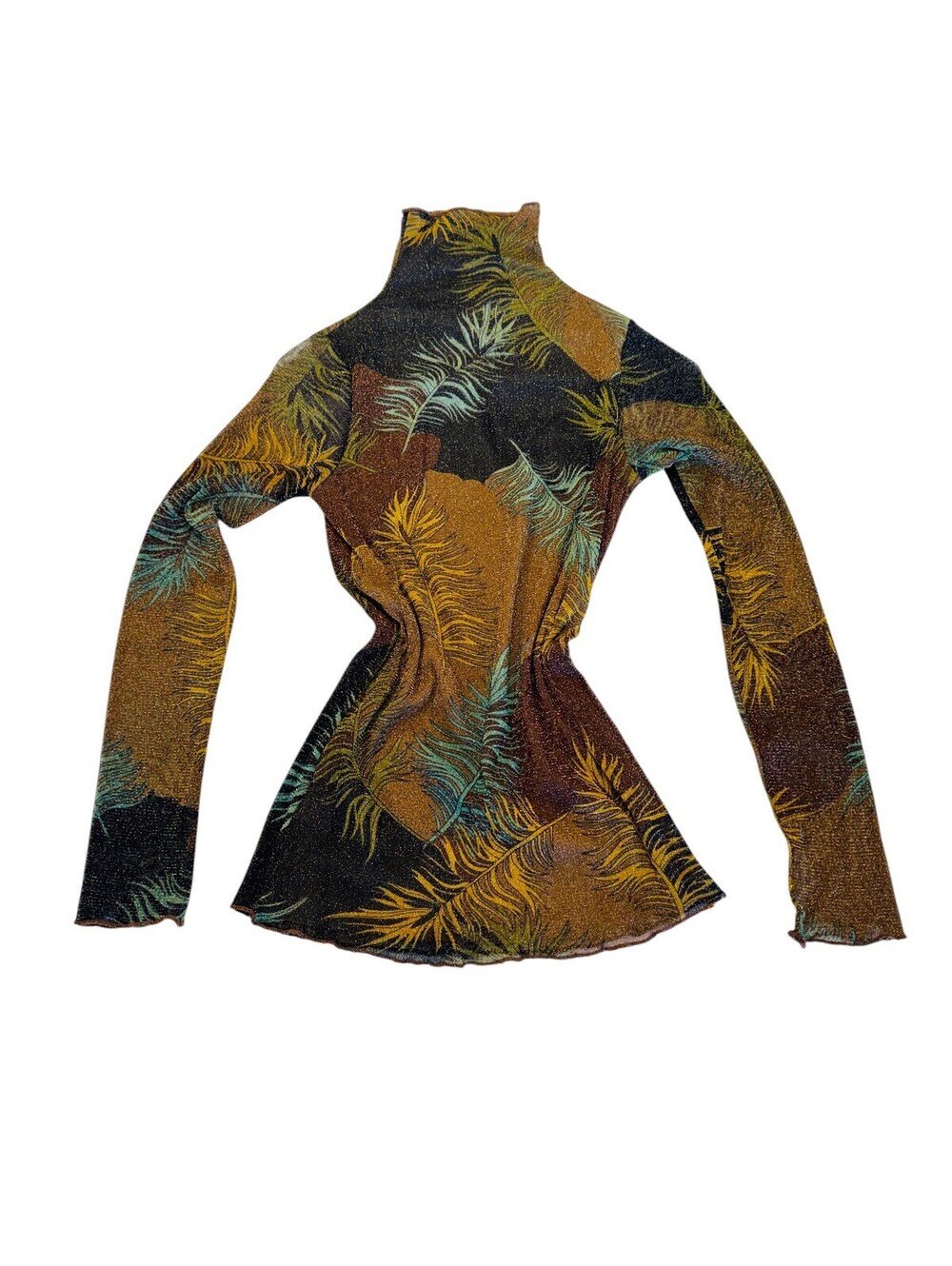 Vintage Y2K Glitter Metallic Feather Mesh Turtle Neck Top